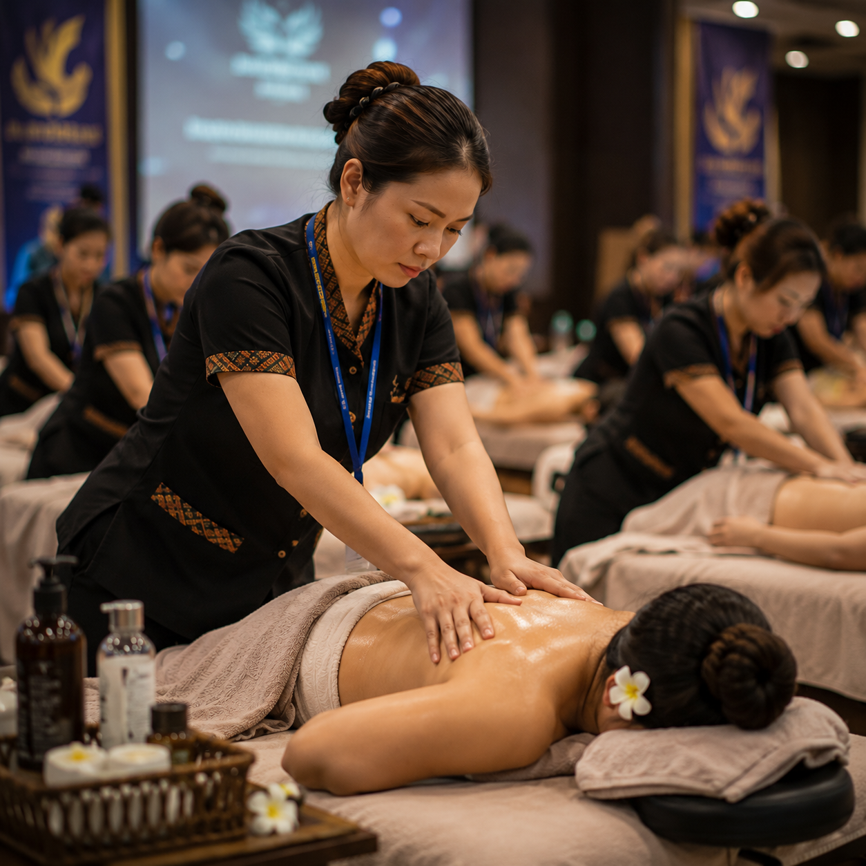 Massage practitioner demonstrating professional technique